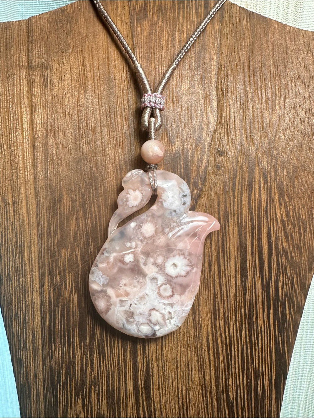 Pink Flower Agate Swan Carving Pendant Necklace on Tan Adjustable Rope Cord